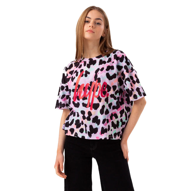 Purple-Black - Front - Hype Girls Rainbow Leopard Script T-Shirt