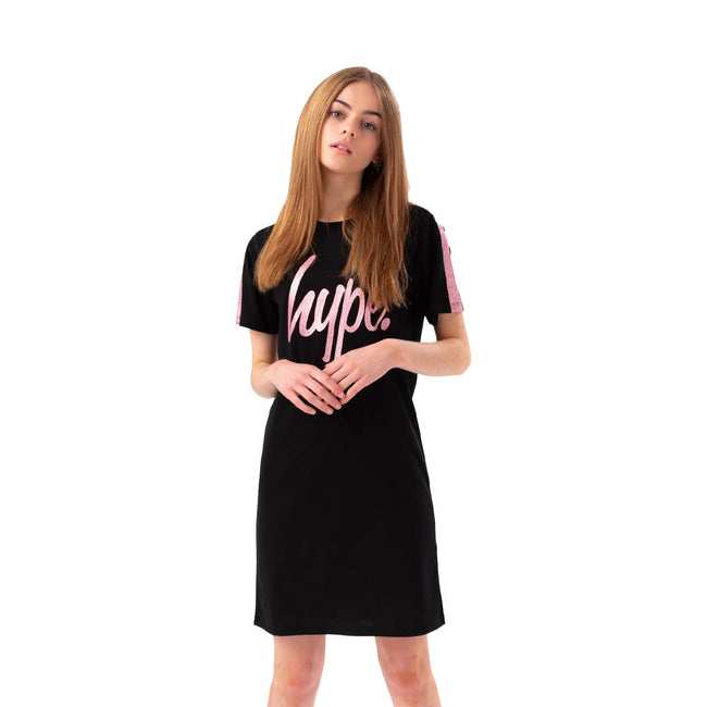 Black-Pink - Front - Hype Girls Panel Script Casual Dress