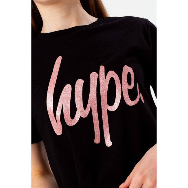 Black-Pink - Lifestyle - Hype Girls Glitter Panel Script Crop T-Shirt