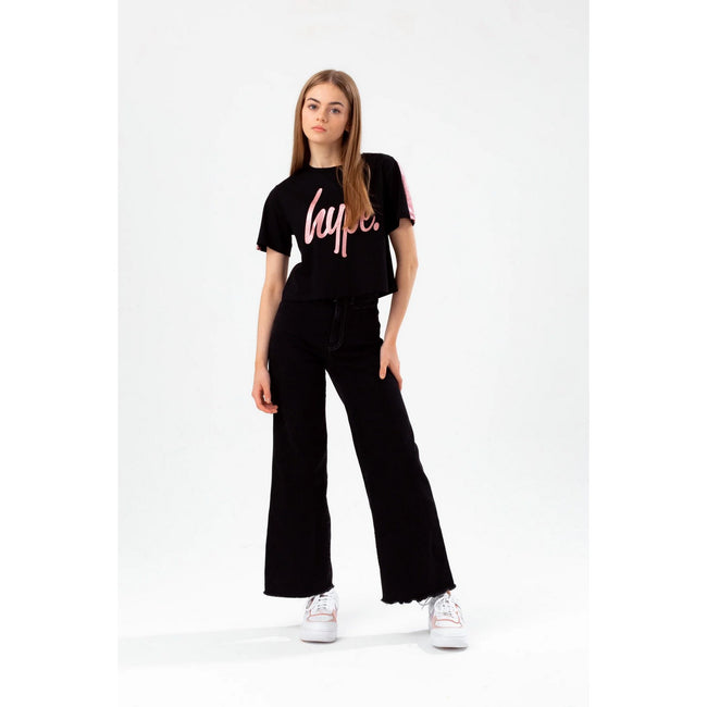 Black-Pink - Pack Shot - Hype Girls Glitter Panel Script Crop T-Shirt