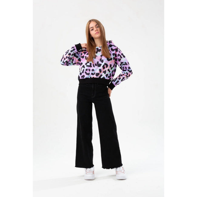 Purple-Black - Lifestyle - Hype Girls Rainbow Leopard Script Crop Hoodie