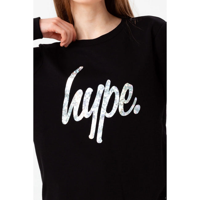 Black - Side - Hype Girls Holographic Script Crew Neck Sweatshirt