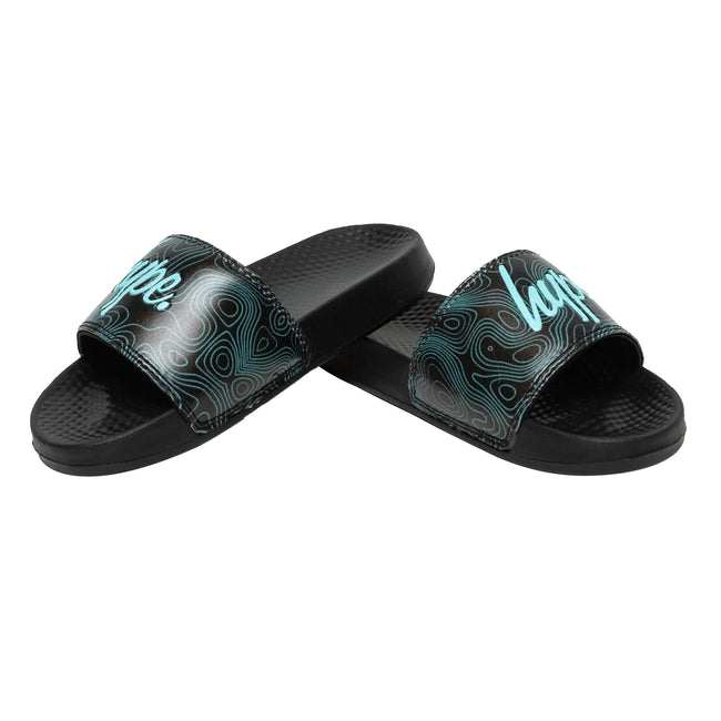 Black - Front - Hype Childrens-Kids Topographic Mini Script Sliders