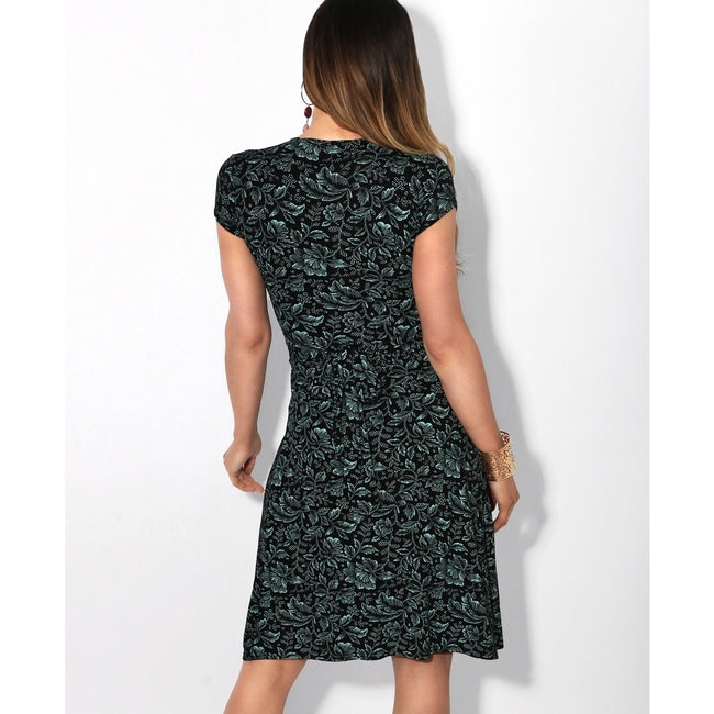 Turquoise-Black - Side - Krisp Womens-Ladies Leaf Print Knot Front Dress