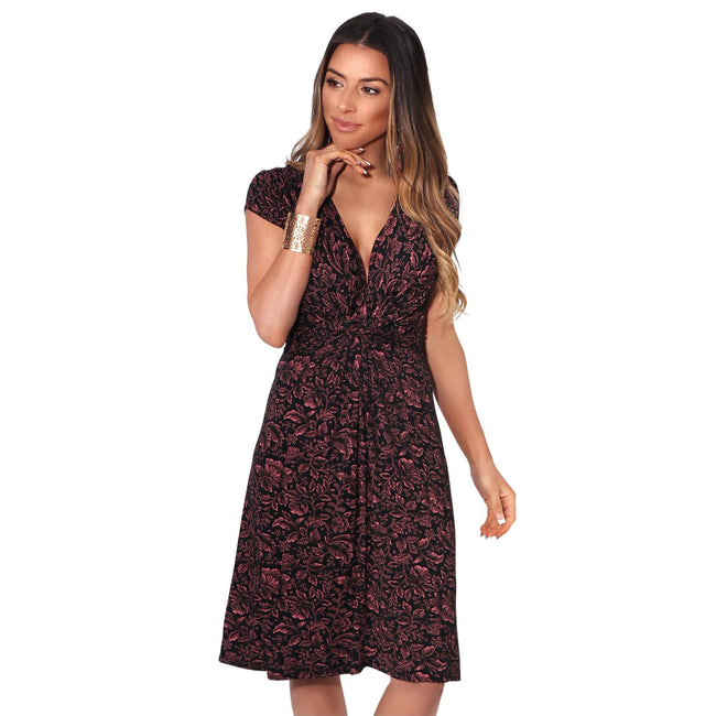 Coral-Black - Front - Krisp Womens-Ladies Leaf Print Knot Front Dress