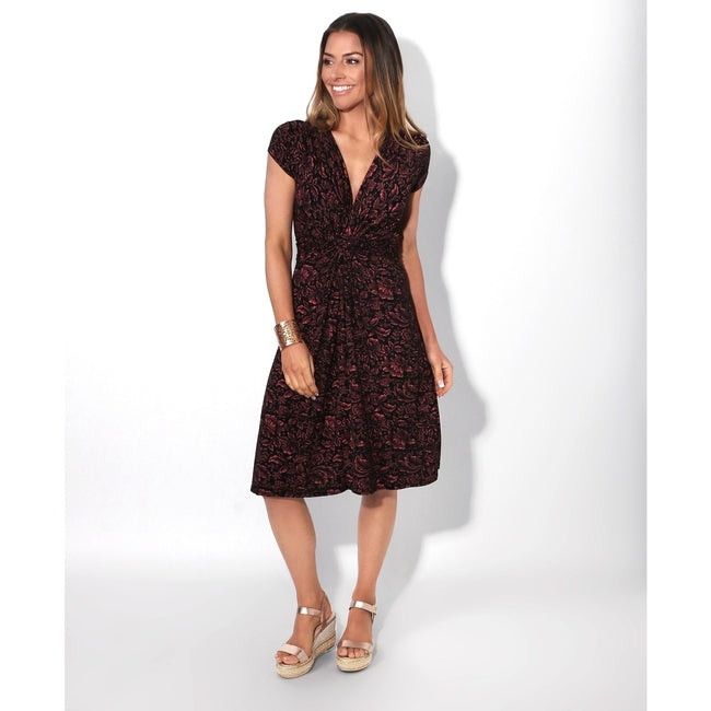 Coral-Black - Back - Krisp Womens-Ladies Leaf Print Knot Front Dress
