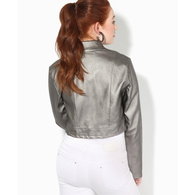 Gunmetal Gray - Side - Krisp Womens-Ladies Cropped PU Biker Jacket