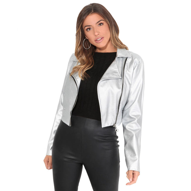 Silver - Front - Krisp Womens-Ladies Cropped PU Biker Jacket