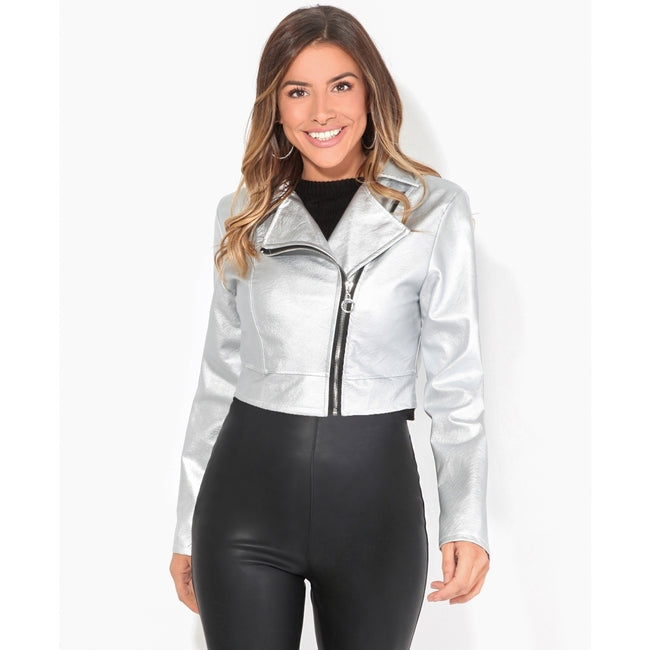 Silver - Back - Krisp Womens-Ladies Cropped PU Biker Jacket