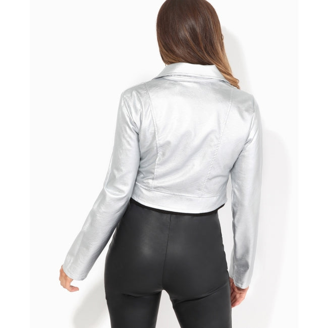 Silver - Side - Krisp Womens-Ladies Cropped PU Biker Jacket