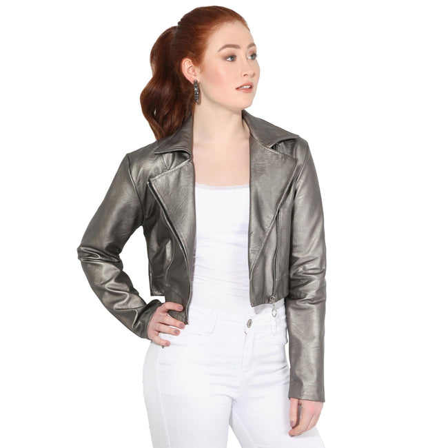 Gunmetal Gray - Front - Krisp Womens-Ladies Cropped PU Biker Jacket