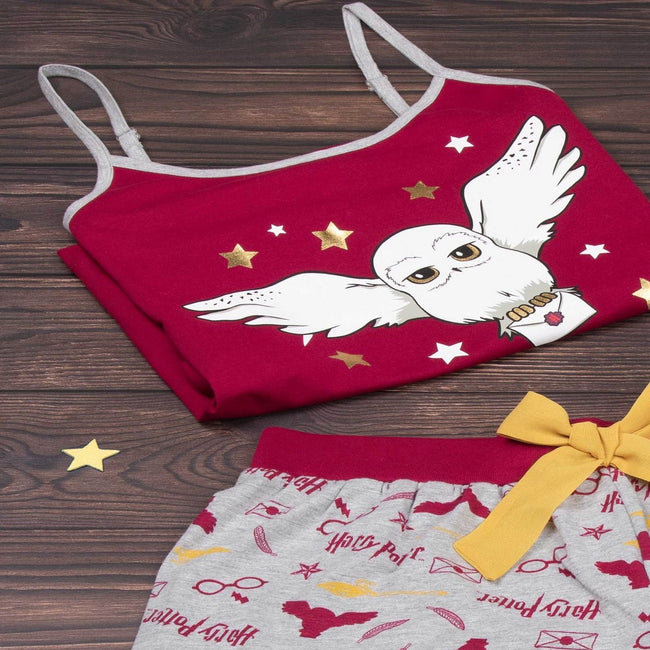 Gray-Burgundy - Pack Shot - Harry Potter Womens-Ladies Hedwig Short Pyjama Set