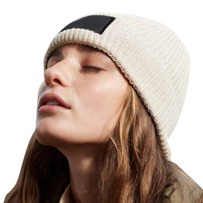 Oatmeal-Black - Back - Beechfield Fashion Woven Patch Beanie