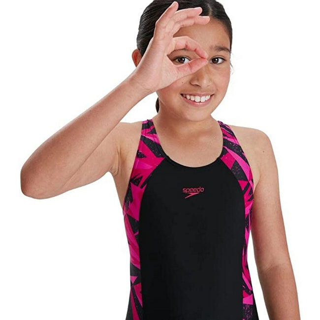 Black-Pink - Side - Speedo Girls Hyper Boom Splice One Piece Bathing Suit
