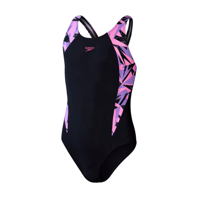 Navy-Pink - Front - Speedo Girls Hyper Boom Splice One Piece Bathing Suit