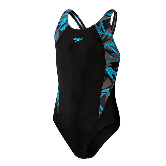 Black-Blue - Front - Speedo Girls Hyper Boom Splice One Piece Bathing Suit