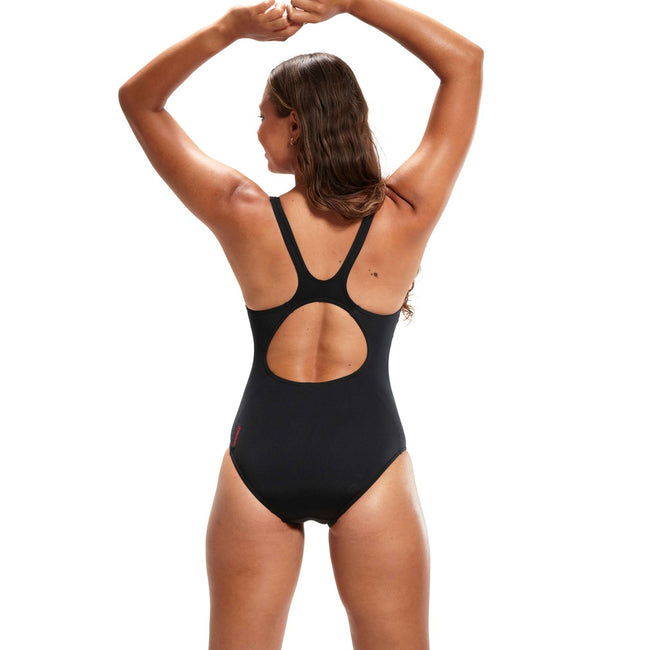 Black-Red - Back - Speedo Womens-Ladies Placement Panel One Piece Bathing Suit