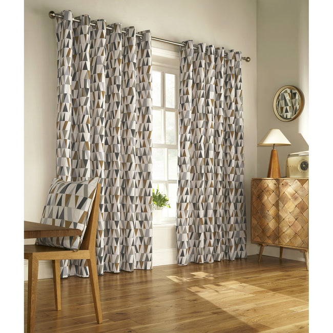 Charcoal-Gold - Front - Furn Reno Ringtop Geometric Eyelet Curtains