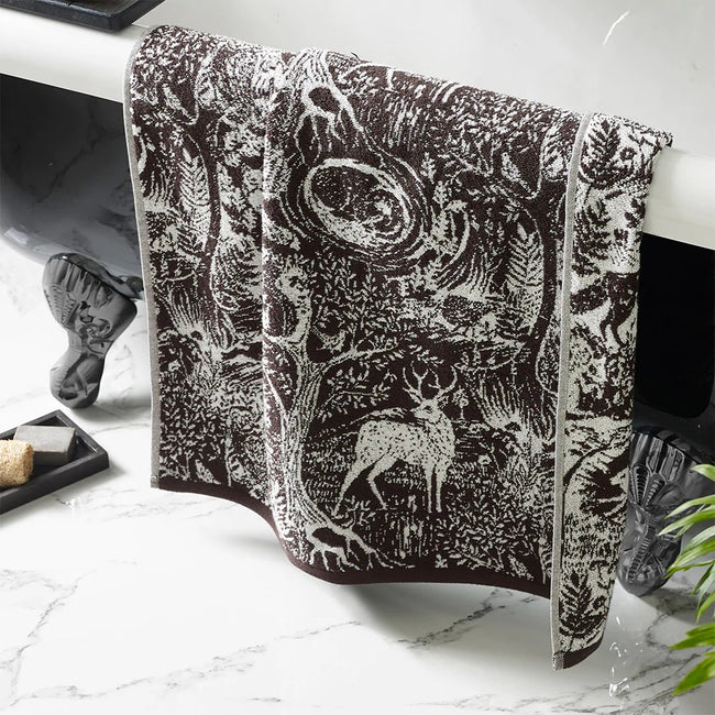 Charcoal - Side - Furn Winter Woods Animals Jacquard Bath Towel
