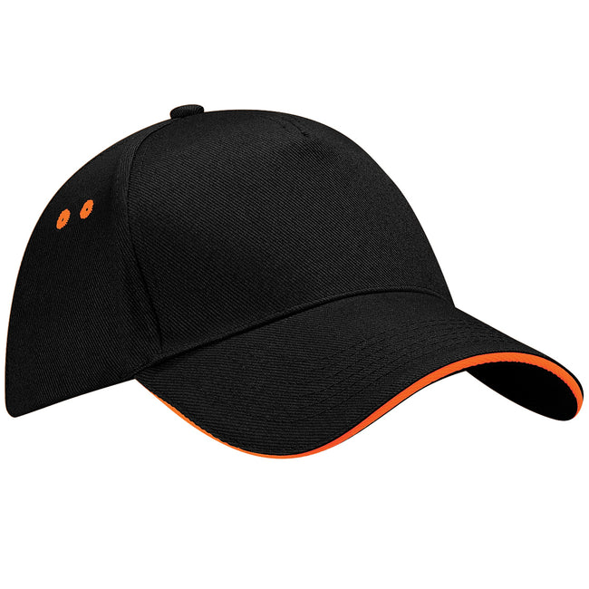 Black-Orange - Front - Beechfield Unisex Ultimate 5 Panel Contrast Baseball Cap With Sandwich Peak