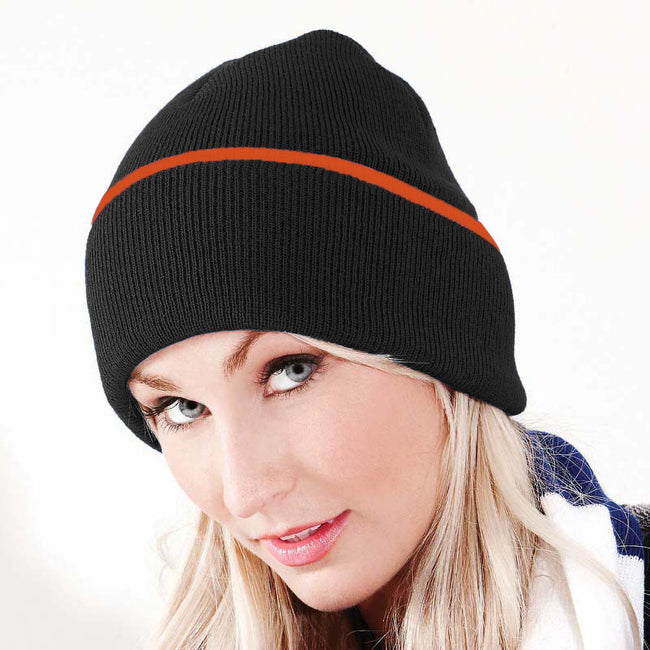 Black-Orange - Back - Beechfield Unisex Knitted Winter Beanie Hat