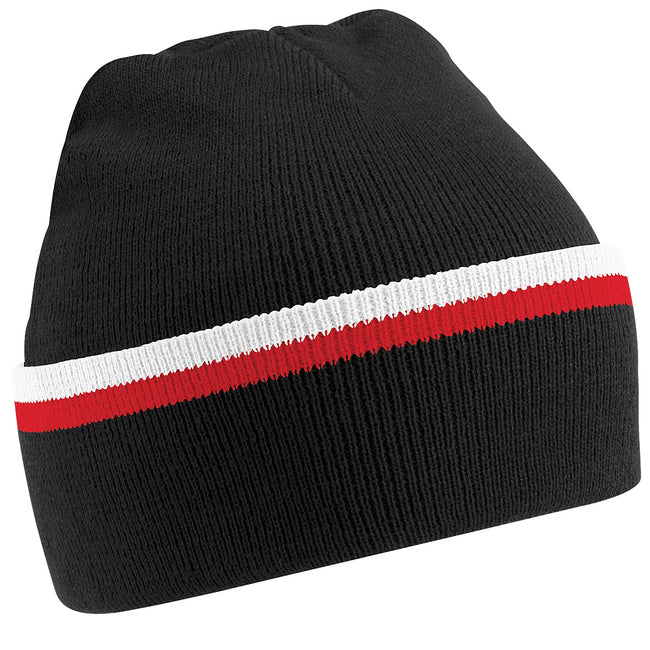 Black-Classic Red-White - Front - Beechfield Unisex Knitted Winter Beanie Hat