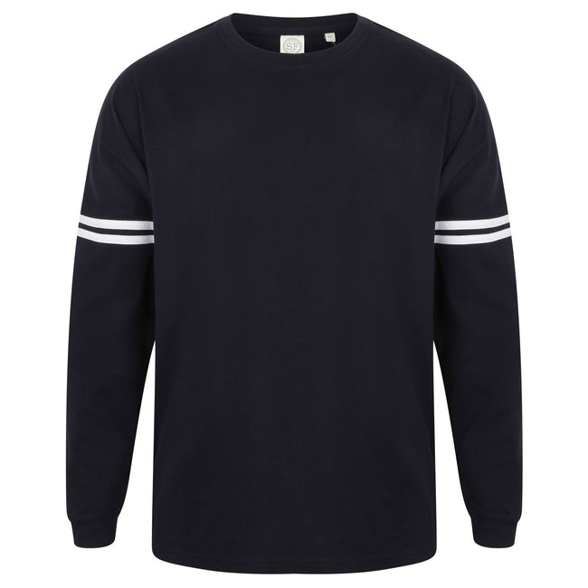 Oxford Navy - White Stripes - Front - Skinnifit Mens Drop Shoulder Slogan Top