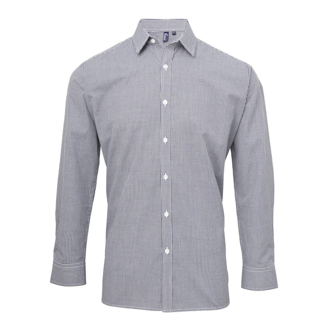 Navy-White - Front - Premier Mens Microcheck Long Sleeve Shirt