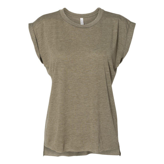 Heather Olive - Front - BELLA + CANVAS Womens Flowy Rolled Cuffs Muscle Tee
