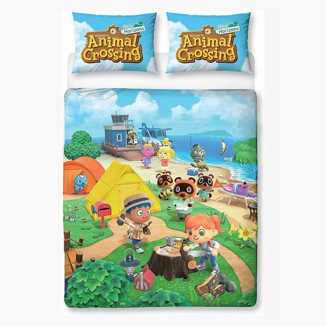 Blue-Green-White - Front - Animal Crossing Beach Duvet Set