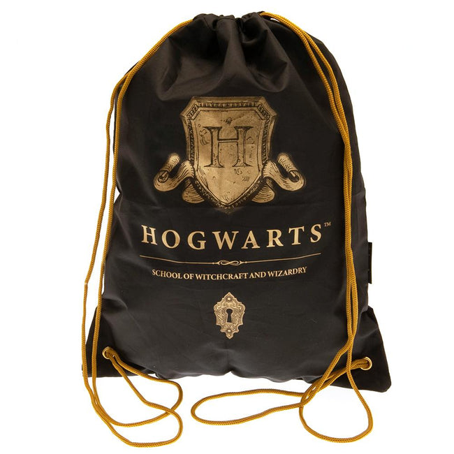 Black-Gold - Front - Harry Potter Hogwarts Crest Drawstring Bag