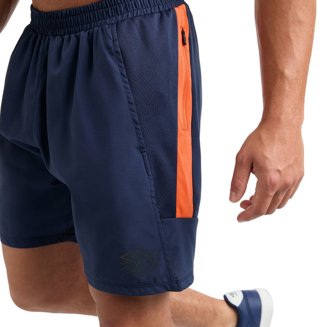 Dark Navy-Vermillion Orange - Side - Umbro Mens Pro Woven Training Sweat Shorts