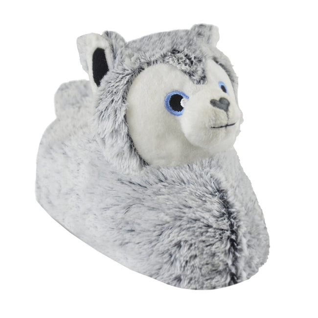 Gray - Front - Childrens-Kids Husky Dog Slippers