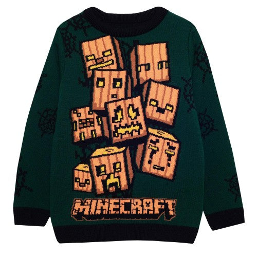 Front - Minecraft Boys Creeper Pumpkin Knitted Sweater