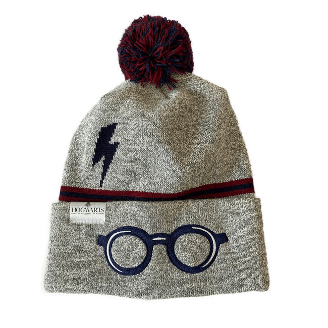 Gray-Maroon - Front - Harry Potter Glasses Pom Pom Beanie