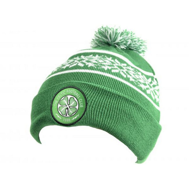 Green-White - Front - Celtic FC Snowflake Knitted Bobble Beanie
