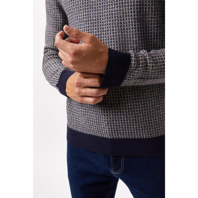 Navy - Side - Burton Mens Geometric Knitted Crew Neck Regular Sweater