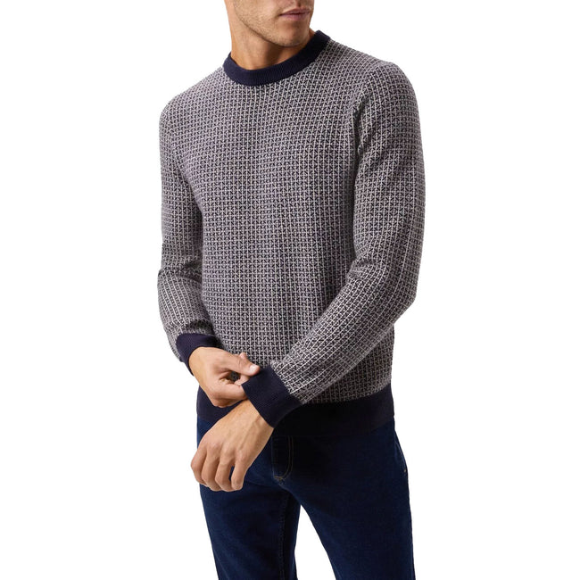 Navy - Front - Burton Mens Geometric Knitted Crew Neck Regular Sweater