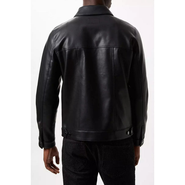 Black - Back - Burton Mens Leather-Look PU Trucker Jacket