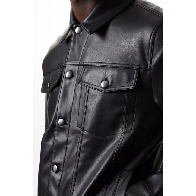 Black - Side - Burton Mens Leather-Look PU Trucker Jacket