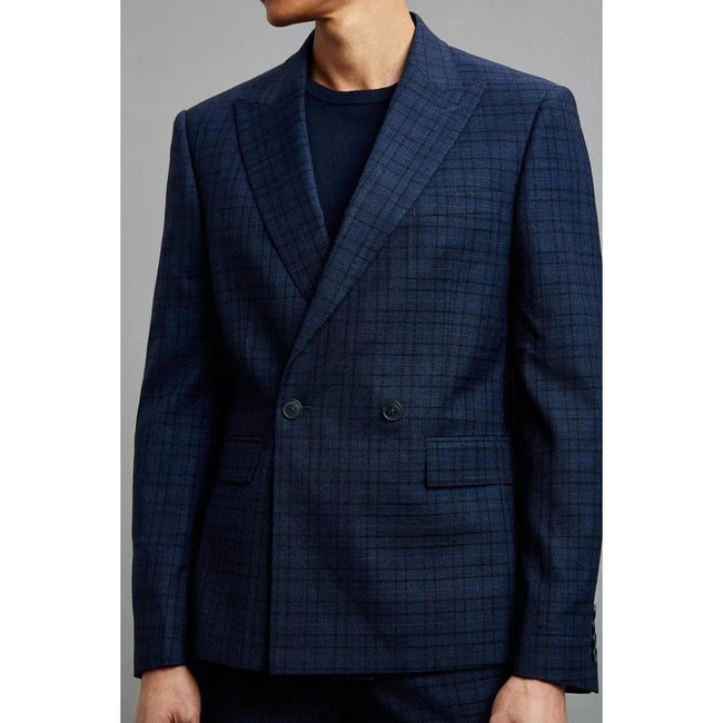Navy - Pack Shot - Burton Mens Multi Check Double-Breasted Skinny Suit Jacket