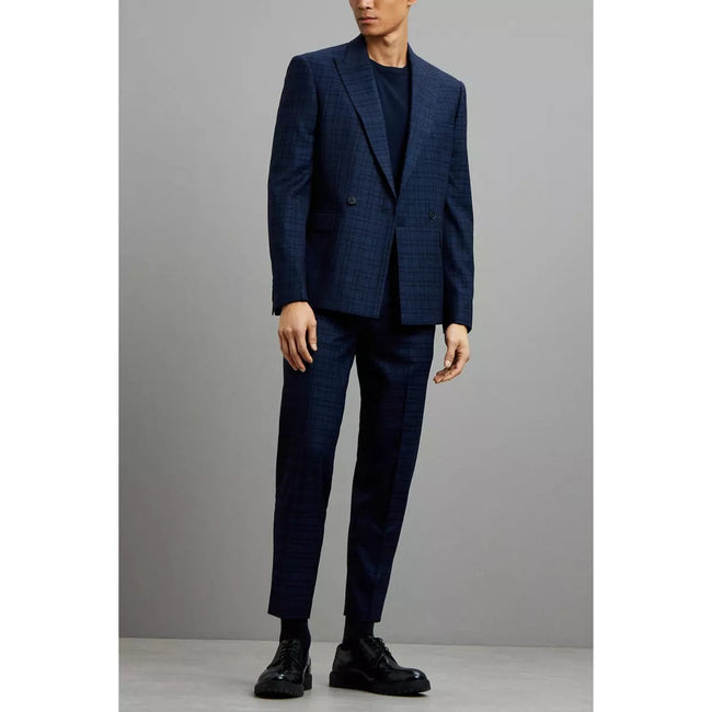 Navy - Close up - Burton Mens Multi Check Double-Breasted Skinny Suit Jacket