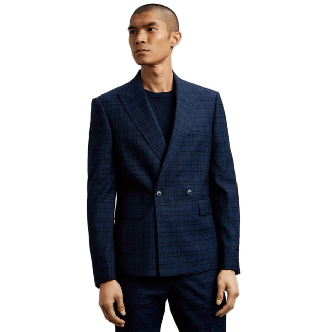 Navy - Front - Burton Mens Multi Check Double-Breasted Skinny Suit Jacket