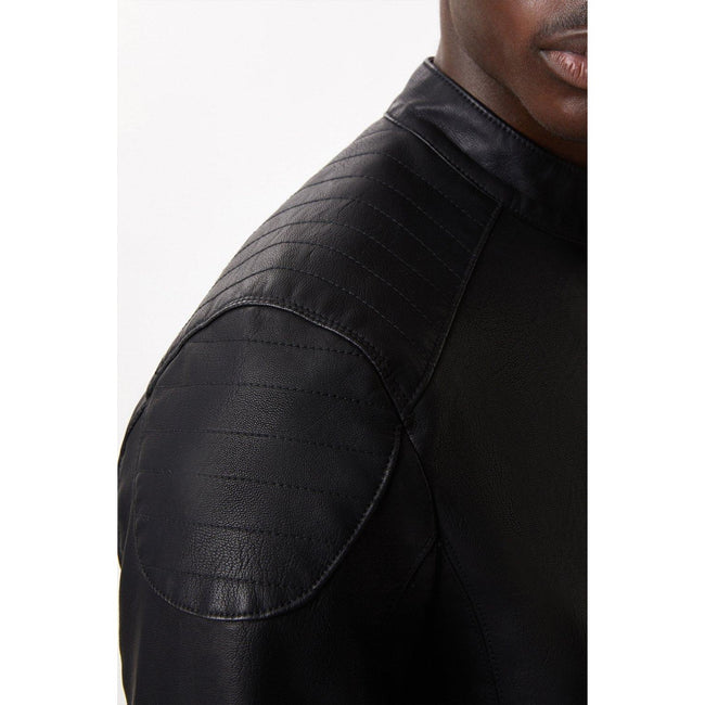 Black - Side - Burton Mens Leather Effect Racer Jacket