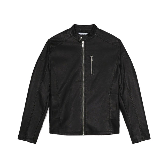 Black - Front - Burton Mens Leather Effect Racer Jacket