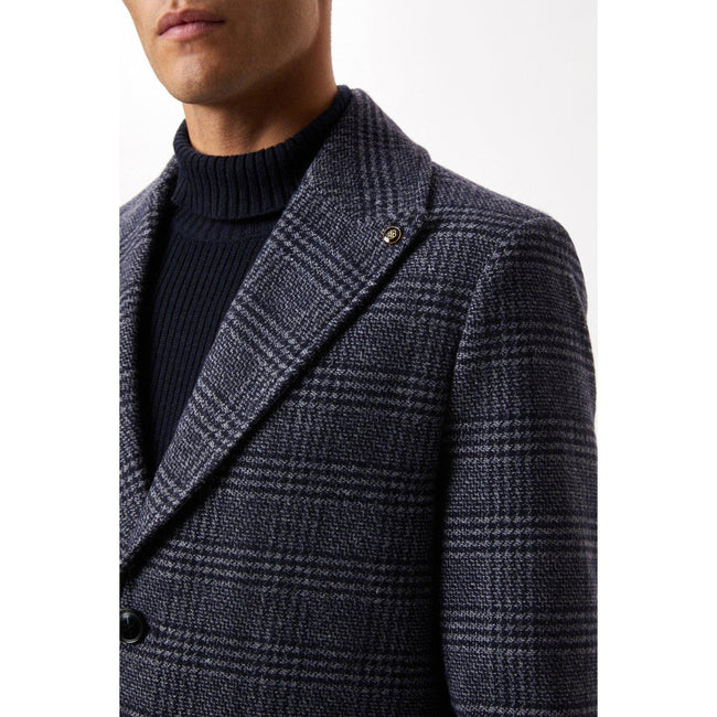 Navy - Side - Burton Mens Checked Wool Blend Overcoat