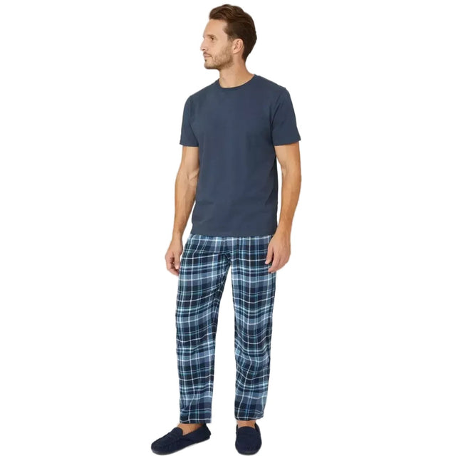 Navy - Front - Debenhams Mens Checked Brushed Pajama Set