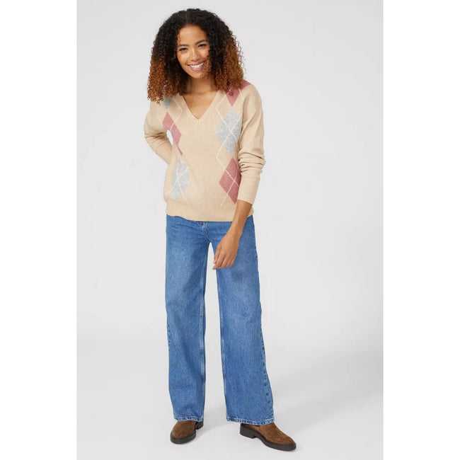 Oatmeal - Pack Shot - Maine Womens-Ladies Argyle V Neck Sweater