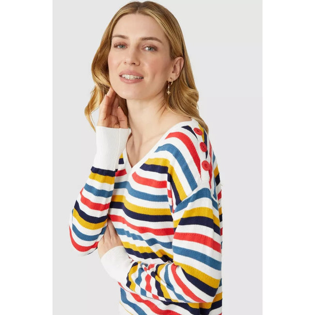 Ivory - Side - Mantaray Womens-Ladies Multi Stripe V Neck Sweater