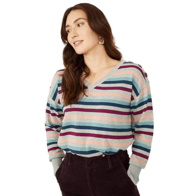 Grey Marl - Front - Mantaray Womens-Ladies Multi Stripe V Neck Sweater